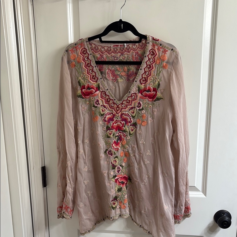 Johnny Was Pink Embellished Long Sleeve Tunic